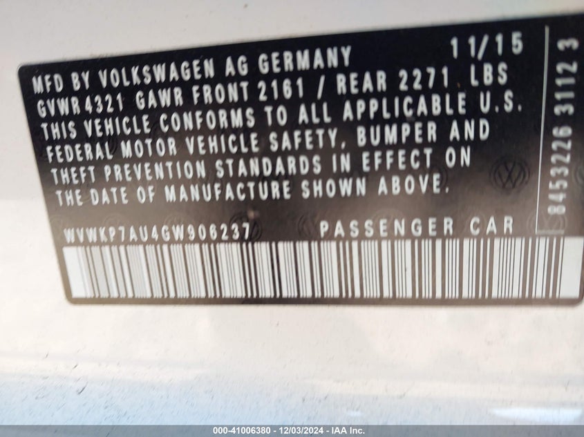 2016 VOLKSWAGEN E-GOLF SE WVWKP7AU4GW906237