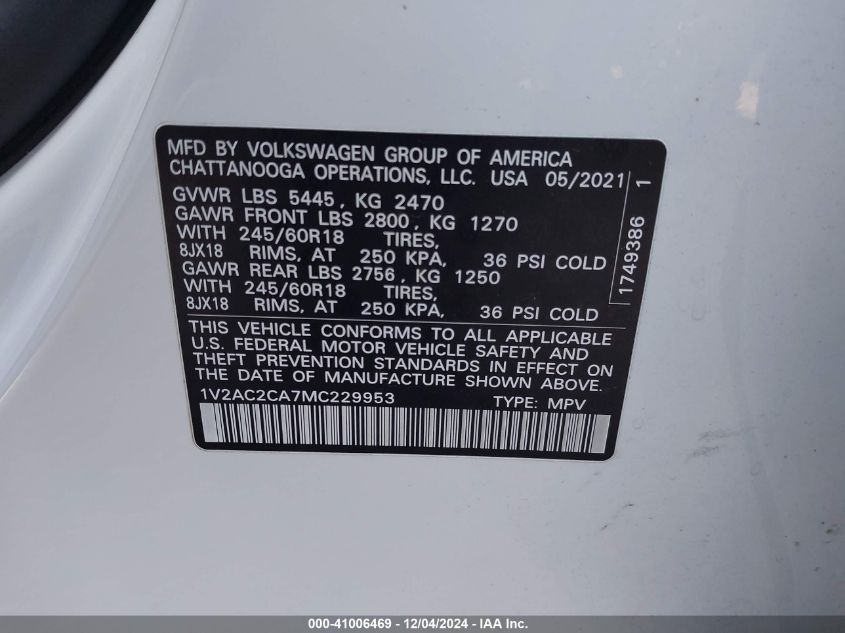 VIN 1V2AC2CA7MC229953 2021 Volkswagen Atlas, Cross... no.9