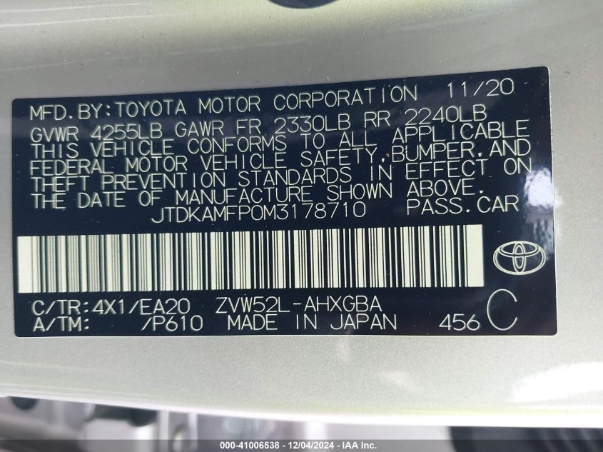 VIN JTDKAMFP0M3178710 2021 TOYOTA PRIUS PRIME no.9