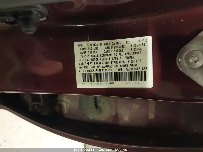 2015 HONDA ACCORD VIN: 1HGCR2F87FA230926