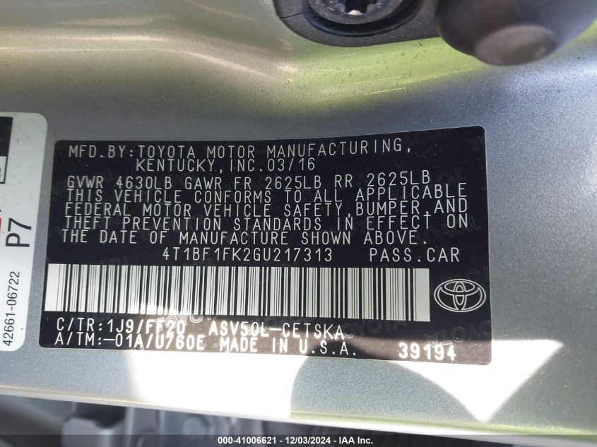 VIN 4T1BF1FK2GU217313 2016 Toyota Camry, SE no.9