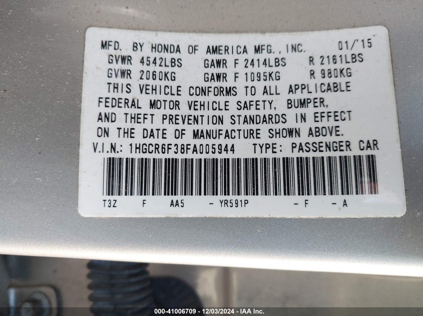 2015 HONDA ACCORD HYBRID VIN: 1HGCR6F38FA005944