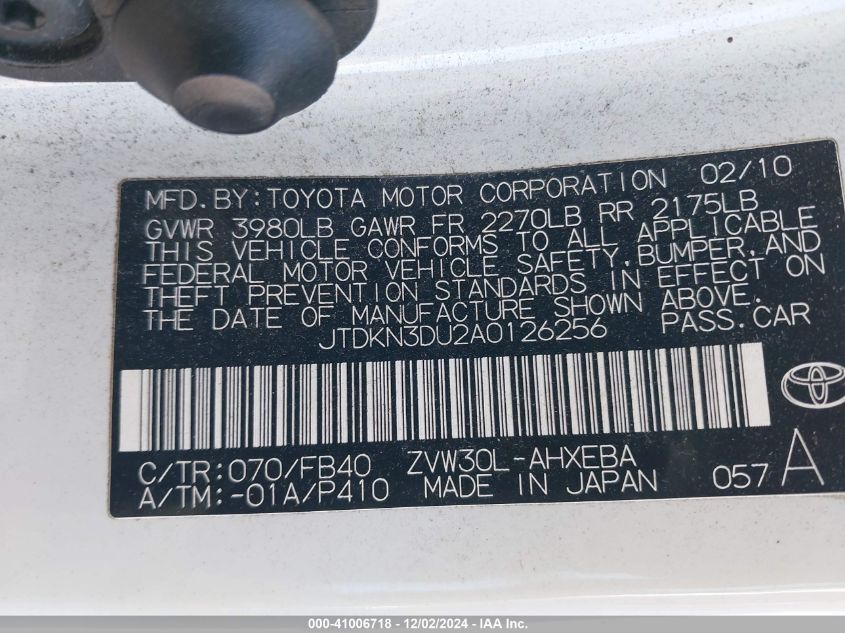 2010 Toyota Prius Iii VIN: JTDKN3DU2A0126256 Lot: 41006718