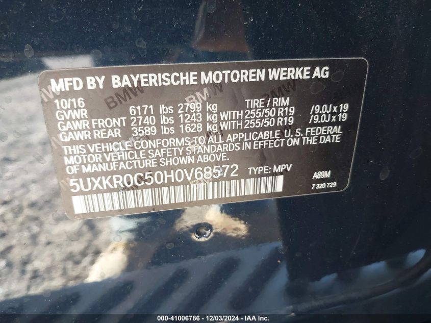 VIN 5UXKR0C50H0V68572 2017 BMW X5, Xdrive35I no.9