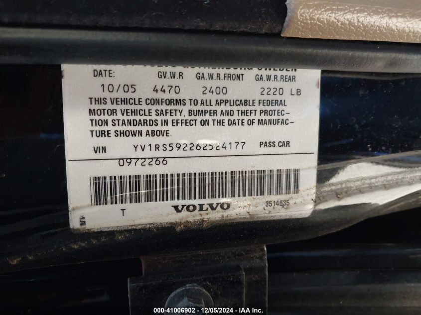 2006 Volvo S60 2.5T VIN: YV1RS592265241177 Lot: 41006902