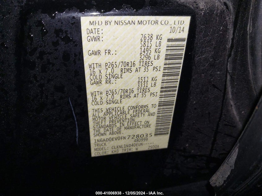 2015 NISSAN FRONTIER S - 1N6AD0EV0FN728035