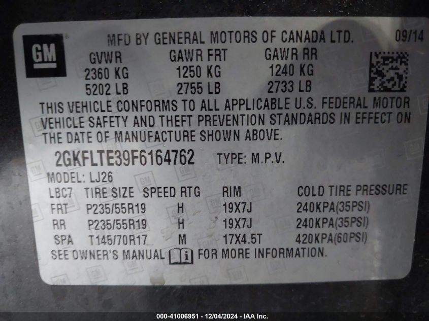 VIN 2GKFLTE39F6164762 2015 GMC Terrain, Slt-2 no.9