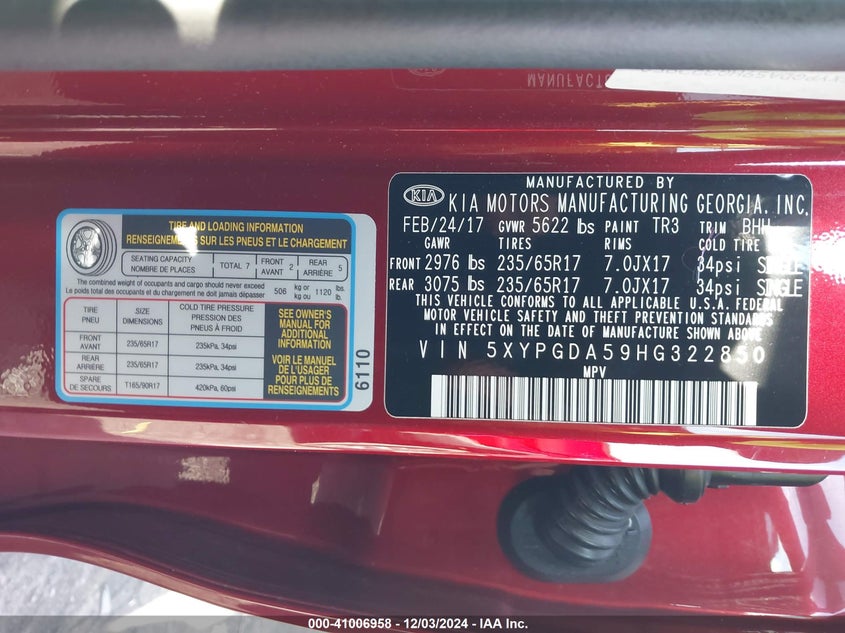 2017 Kia Sorento 3.3L Lx VIN: 5XYPGDA59HG322850 Lot: 41006958