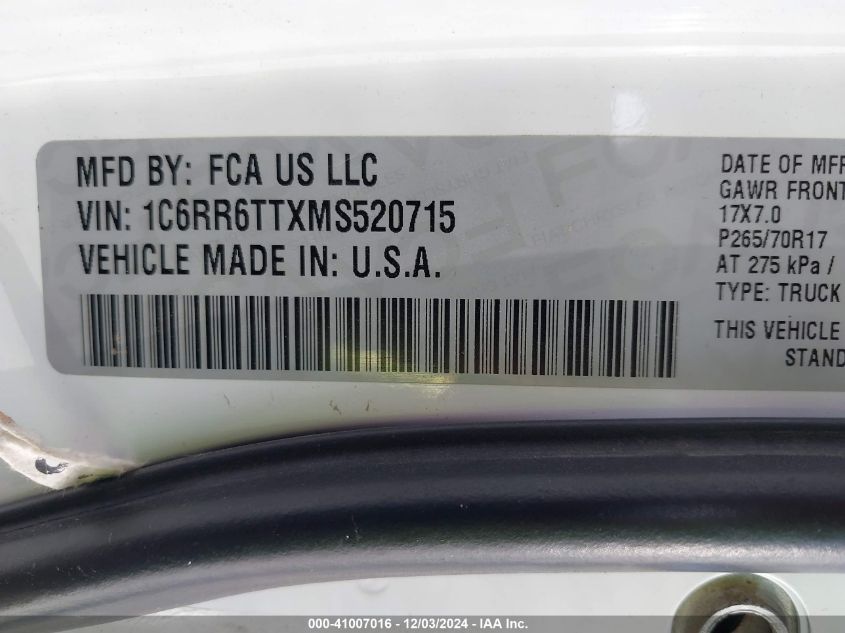 VIN 1C6RR6TTXMS520715 2021 RAM 1500 CLASSIC no.9