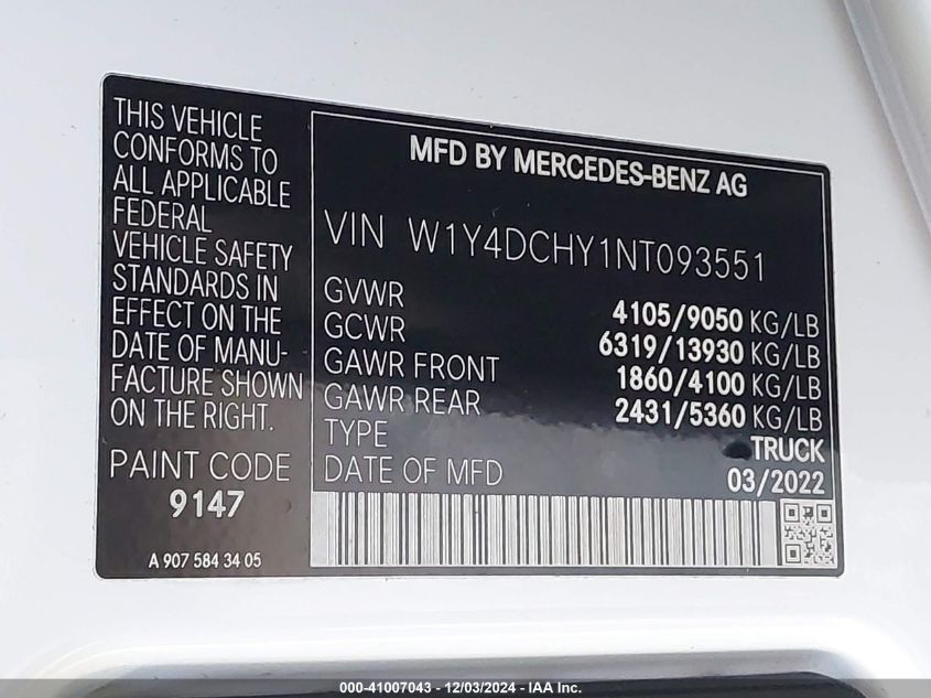 VIN W1Y4DCHY1NT093551 2022 Mercedes-Benz Sprinter 2... no.9