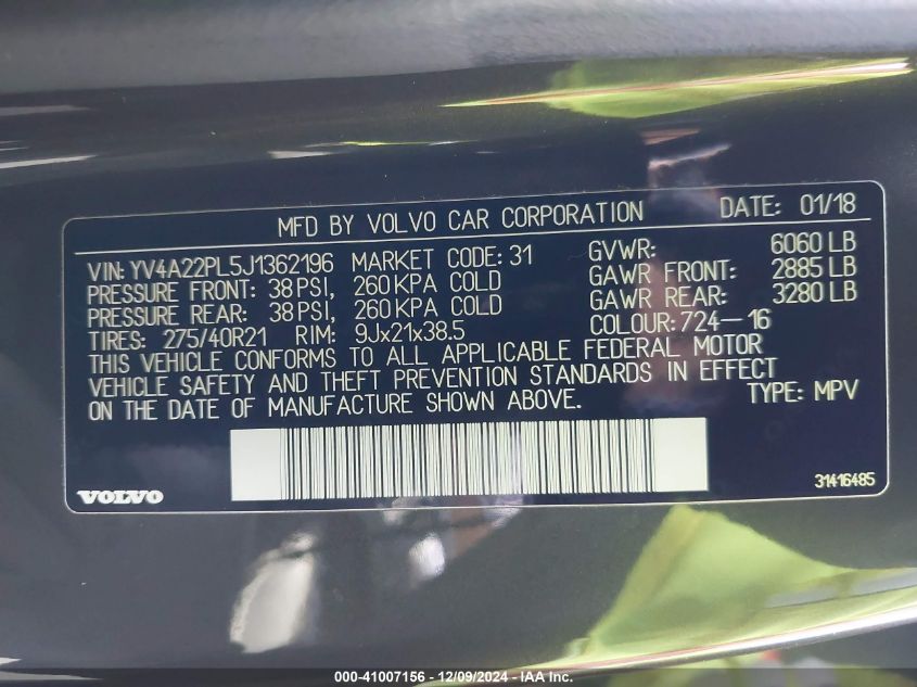 VIN YV4A22PL5J1362196 2018 Volvo XC90, T6 Inscription no.9