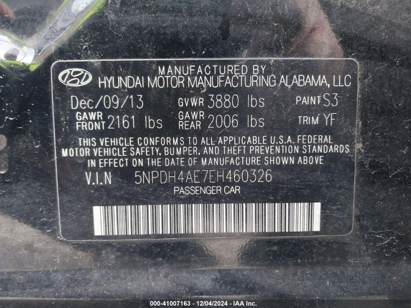 2014 Hyundai Elantra Limited VIN: 5NPDH4AE7EH460326 Lot: 41007163