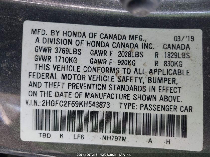 VIN 2HGFC2F69KH543873 2019 Honda Civic, LX no.9