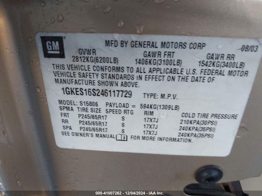 2004 GMC Envoy Xl Slt VIN: 1GKES16S246117729 Lot: 41007262