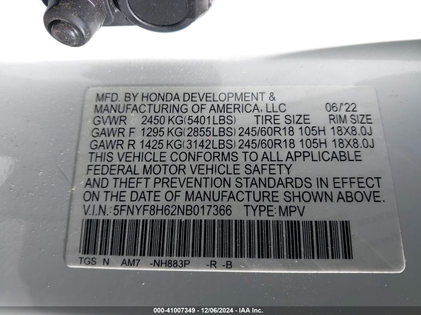 VIN 5FNYF8H62NB017366 2022 Honda Passport, Awd Trai... no.9