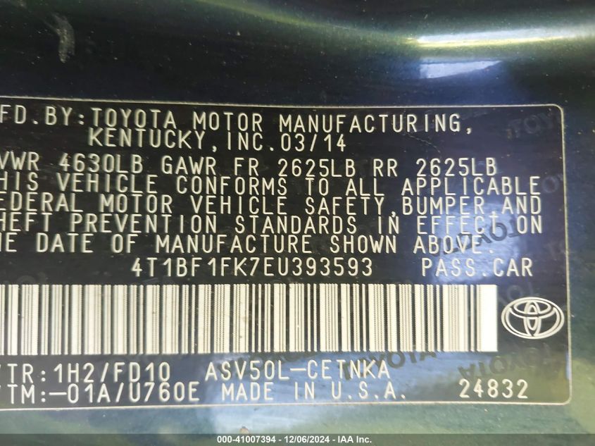 VIN 4T1BF1FK7EU393593 2014 Toyota Camry, LE no.9