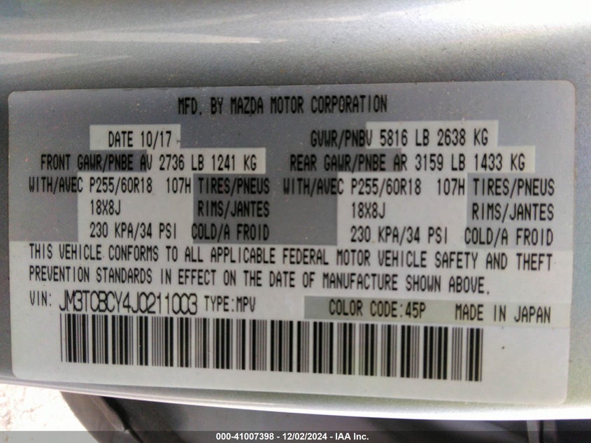 2018 MAZDA CX-9 TOURING - JM3TCBCY4J0211003