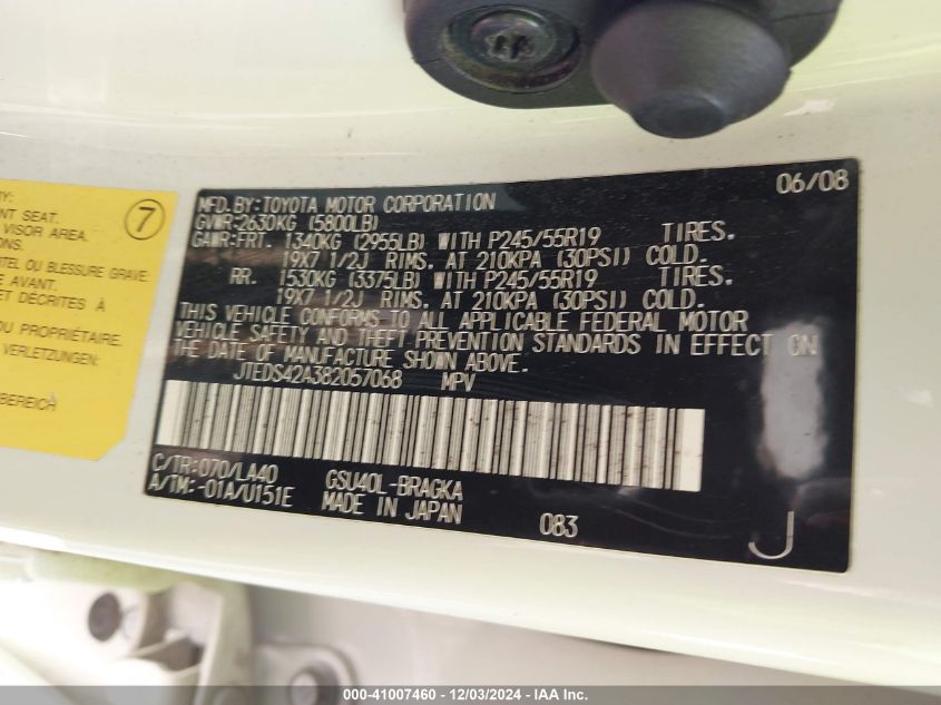 2008 Toyota Highlander Limited VIN: JTEDS42A382057068 Lot: 41007460