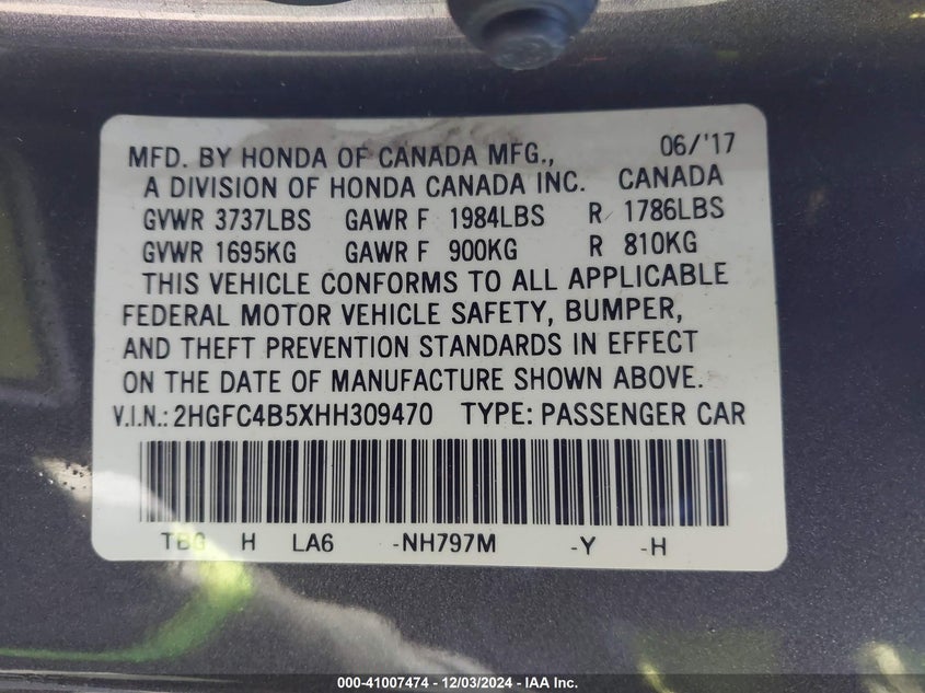 VIN 2HGFC4B5XHH309470 2017 HONDA CIVIC LX