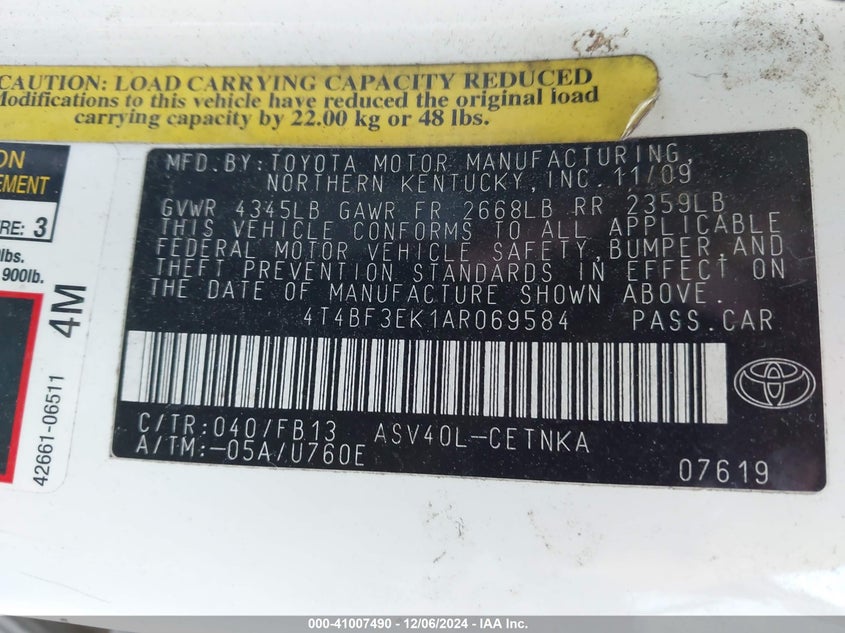 2010 TOYOTA CAMRY VIN: 4T4BF3EK1AR069584