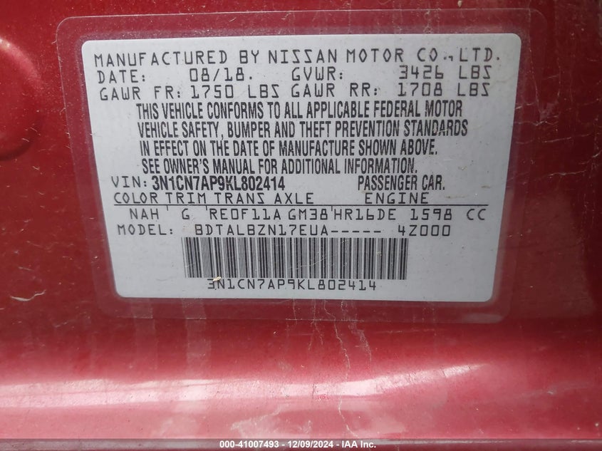 2019 NISSAN VERSA 1.6 SV - 3N1CN7AP9KL802414