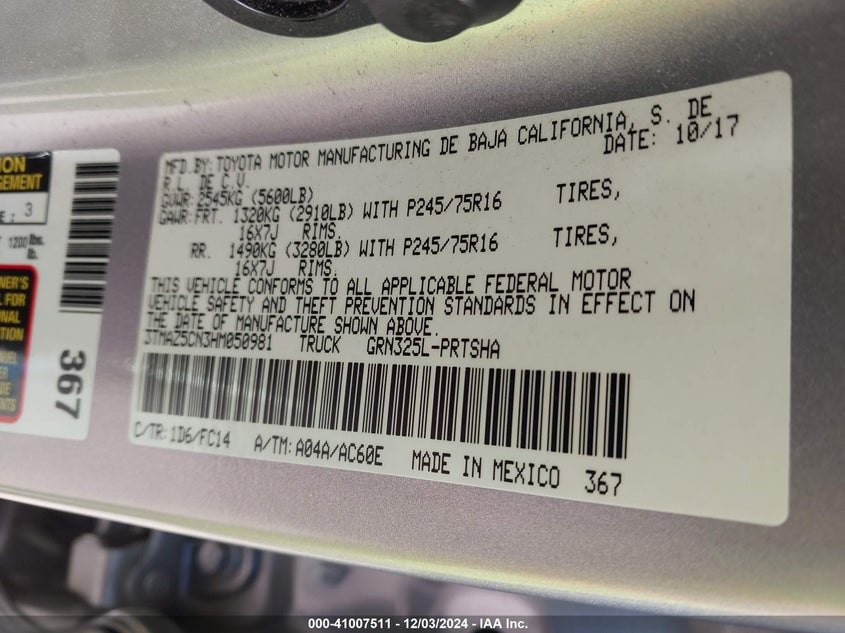 2017 TOYOTA TACOMA VIN: 3TMAZ5CN3HM050981