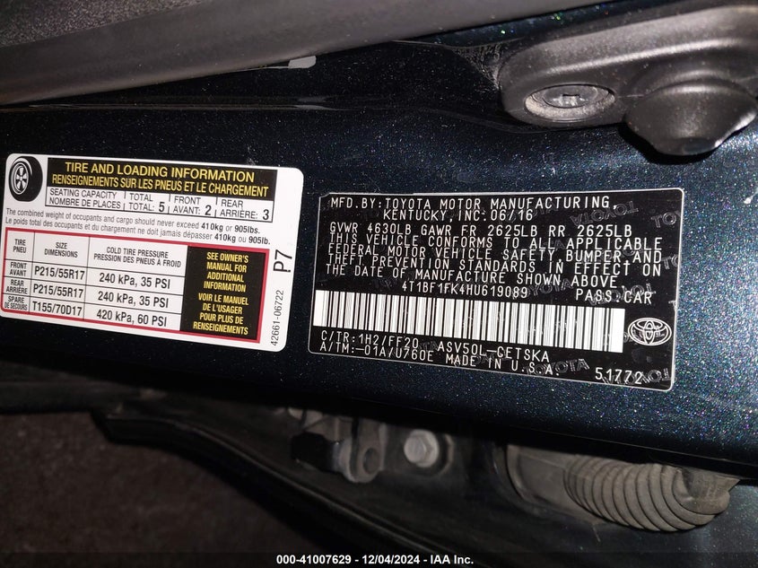 2017 TOYOTA CAMRY VIN: 4T1BF1FK4HU619089