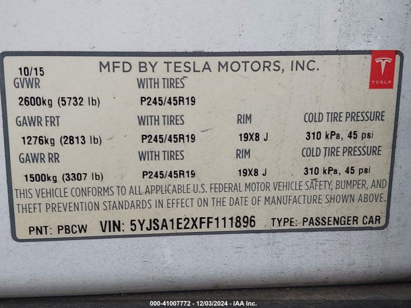 2015 Tesla Model S 70D/85D/P85D VIN: 5YJSA1E2XFF111896 Lot: 41007772