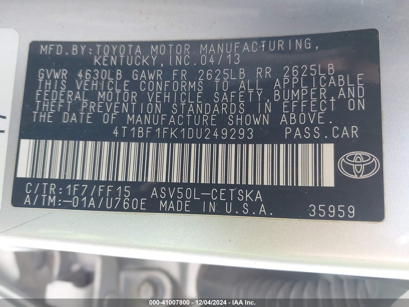 2013 TOYOTA CAMRY VIN: 4T1BF1FK1DU249293