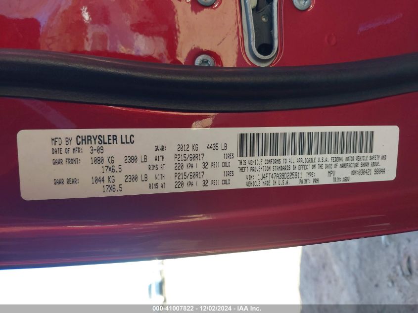 2009 Jeep Compass Sport VIN: 1J4FT47A39D225911 Lot: 41007822