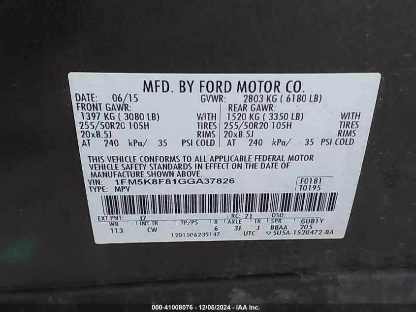 VIN 1FM5K8F81GGA37826 2016 FORD EXPLORER no.9