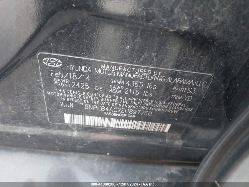 2014 HYUNDAI SONATA VIN: 5NPEB4ACXEH897760