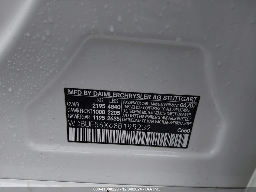 2008 MERCEDES-BENZ E VIN: WDBUF56X68B195232