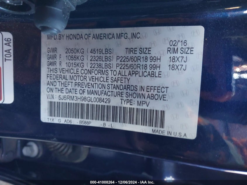 2016 HONDA CR-V TOURING - 5J6RM3H98GL008429