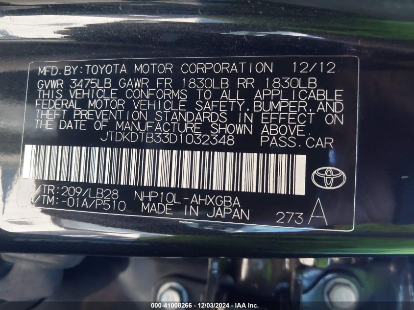 2013 Toyota Prius C Four VIN: JTDKDTB33D1032348 Lot: 41008266