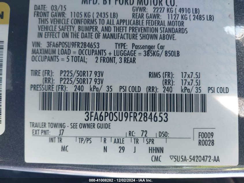 VIN 3FA6P0SU9FR284653 2015 FORD FUSION ENERGI no.9