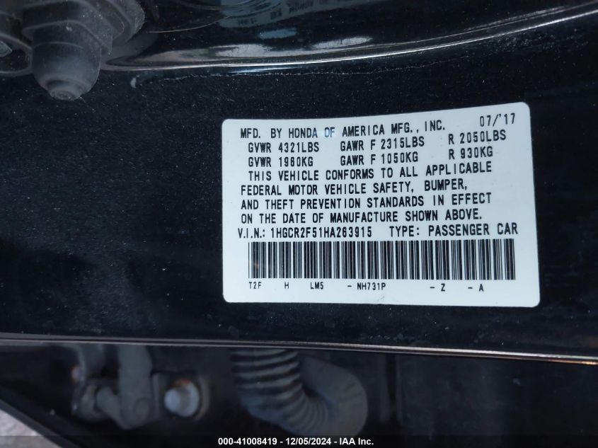 VIN 1HGCR2F51HA263915 2017 HONDA ACCORD no.9