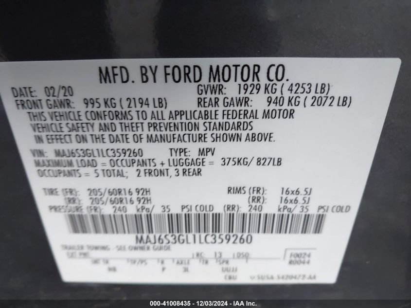 2020 Ford Ecosport Se VIN: MAJ6S3GL1LC359260 Lot: 41008435