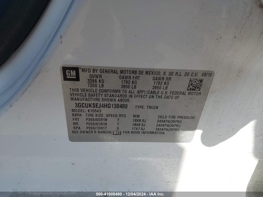 2017 CHEVROLET SILVERADO 1500 VIN: 3GCUKSEJ4HG138480