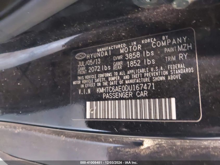 2013 HYUNDAI VELOSTER VIN: KMHTC6AE0DU167471