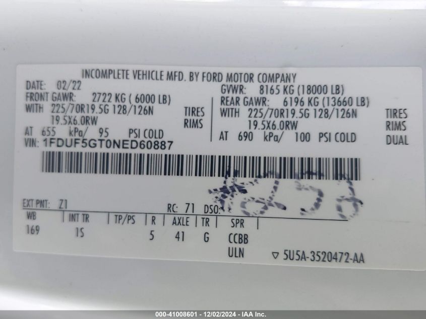 2022 Ford F-550 Chassis Xl VIN: 1FDUF5GT0NED60887 Lot: 41008601