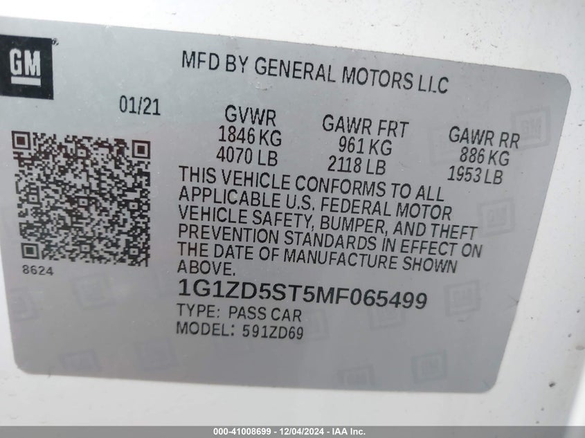 2021 CHEVROLET MALIBU VIN: 1G1ZD5ST5MF065499