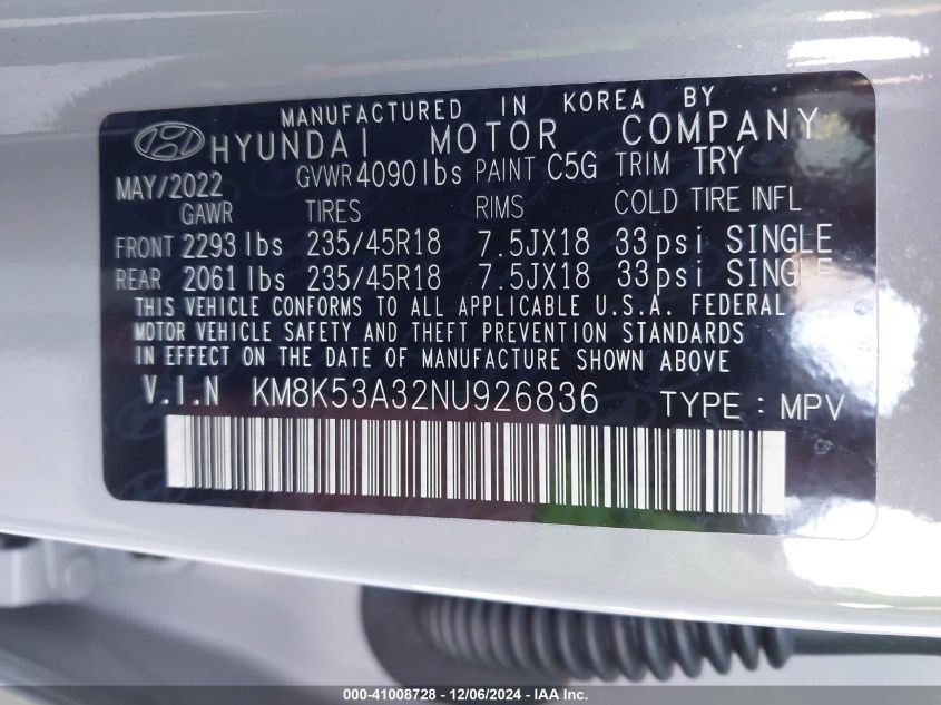 2022 Hyundai Kona Limited VIN: KM8K53A32NU926836 Lot: 41008728