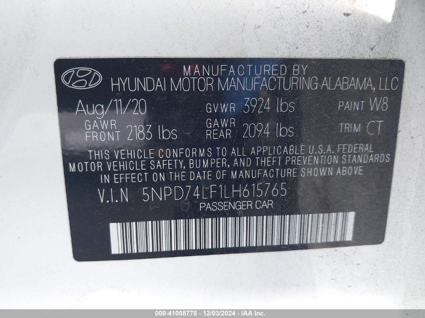 2020 Hyundai Elantra Se VIN: 5NPD74LF1LH615765 Lot: 41008778