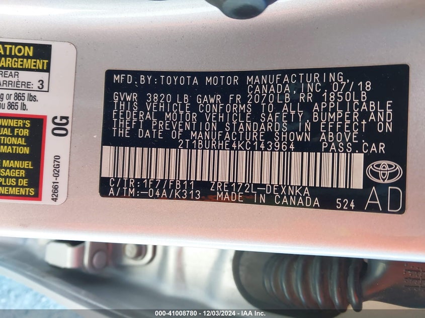 2019 TOYOTA COROLLA L/LE/XLE/SE/XSE - 2T1BURHE4KC143964