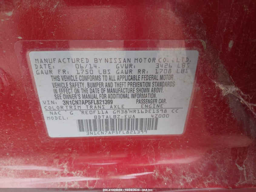 2015 Nissan Versa 1.6 Sv VIN: 3N1CN7AP5FL821399 Lot: 41008859