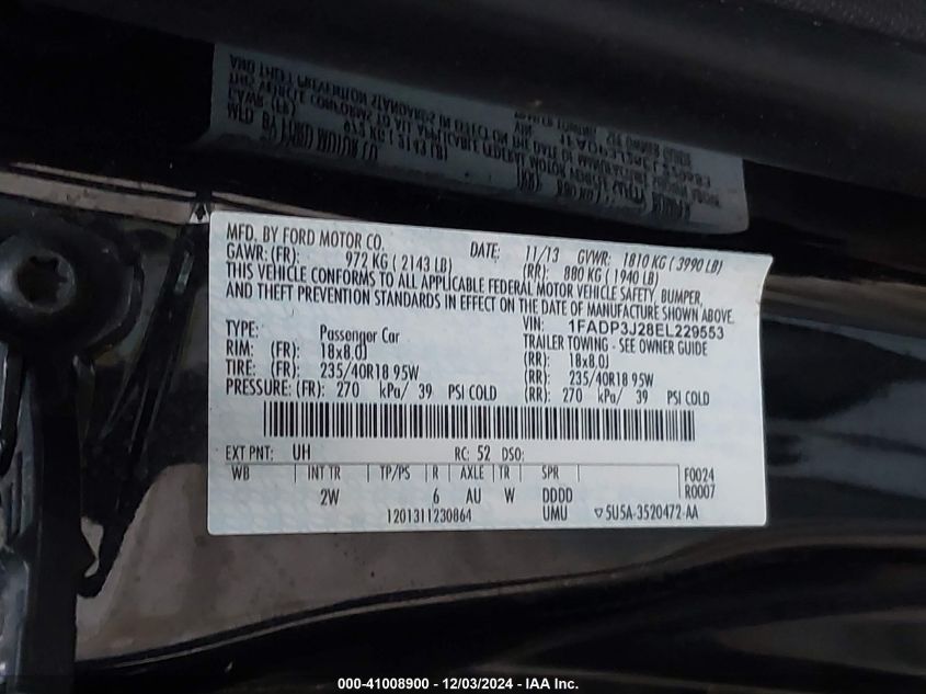 VIN 1FADP3J28EL229553 2014 Ford Focus, Titanium no.9