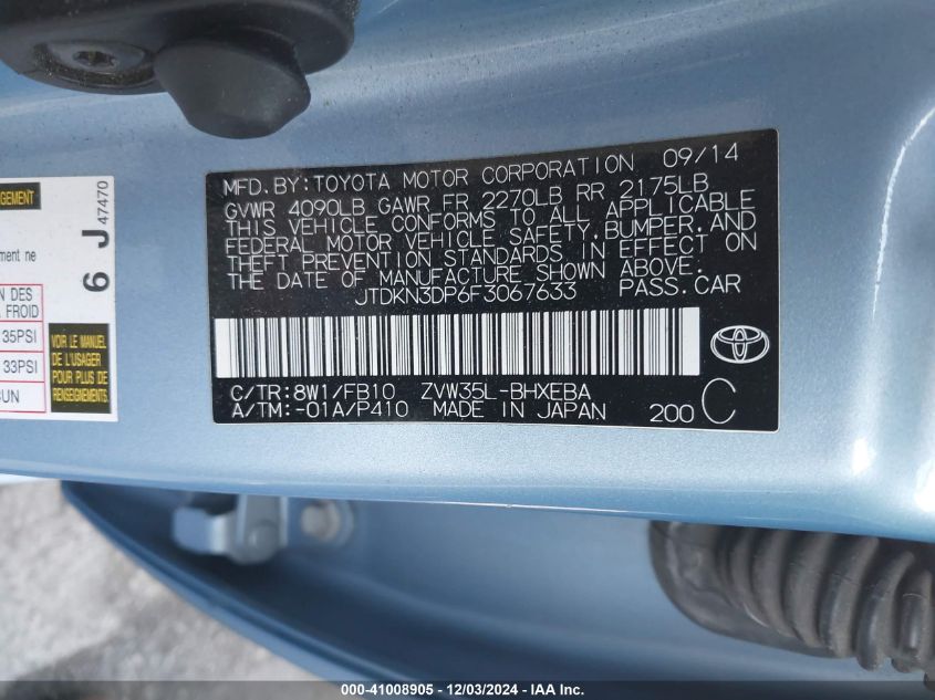 2015 Toyota Prius Plug-In VIN: JTDKN3DP6F3067633 Lot: 41008905