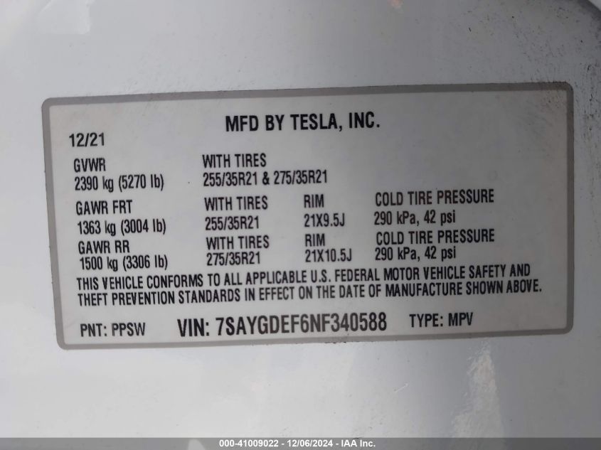 2022 Tesla Model Y Performance Dual Motor All-Wheel Drive VIN: 7SAYGDEF6NF340588 Lot: 41009022