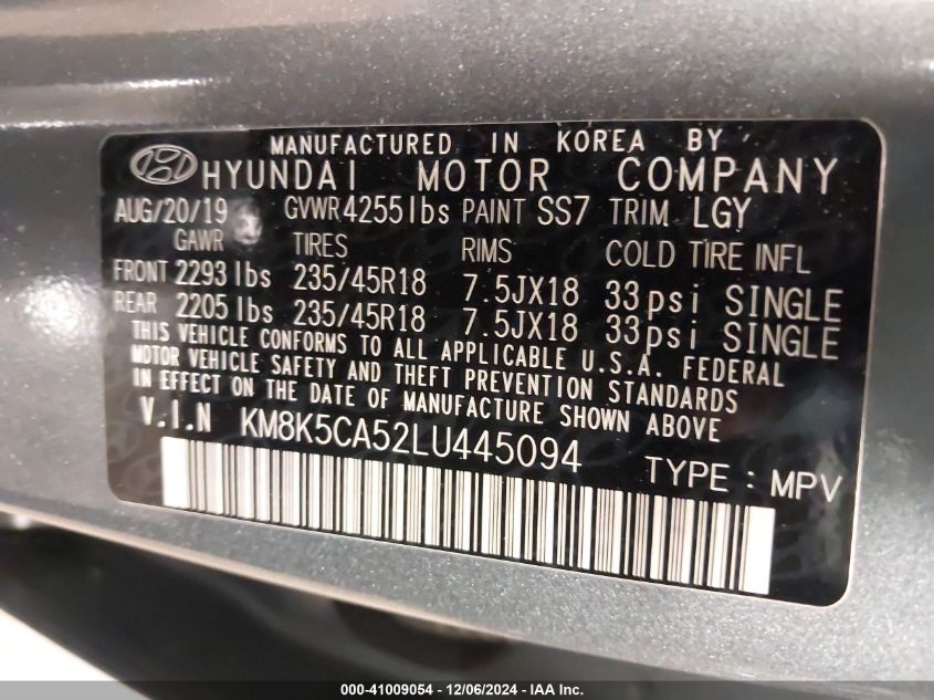 2020 Hyundai Kona Ultimate VIN: KM8K5CA52LU445094 Lot: 41009054